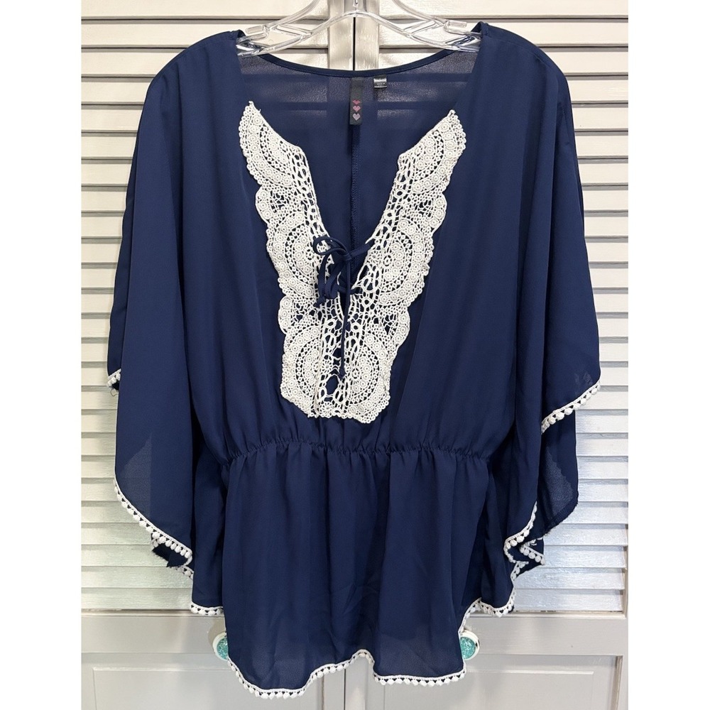 Heart Soul Navy‎ Chiffon Crochet Hem Butterfly Sleeve Blouse Size L Lace Elastic